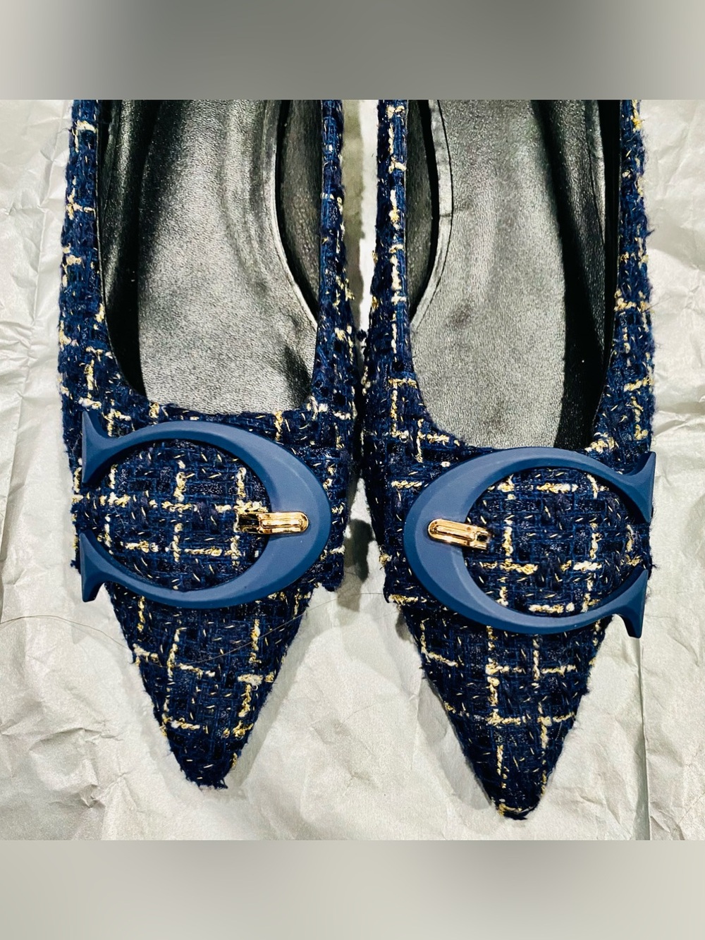 C.Paravano Navy Blue and Gold Plaid Tweed Pointed Toe Flats Sz 39